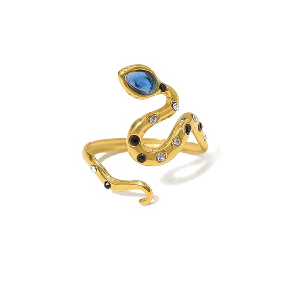3/$35 14K Gold Plated Open Ring Snake Blue Black Gemstone Steel Cubic Zirconia - Picture 4 of 7